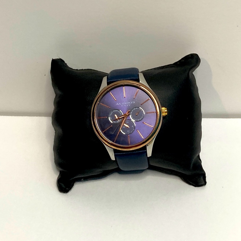 Men's Akribos XXIV AK998BU Chronograph Rose Silver Tone Blue Leather Strap Watch